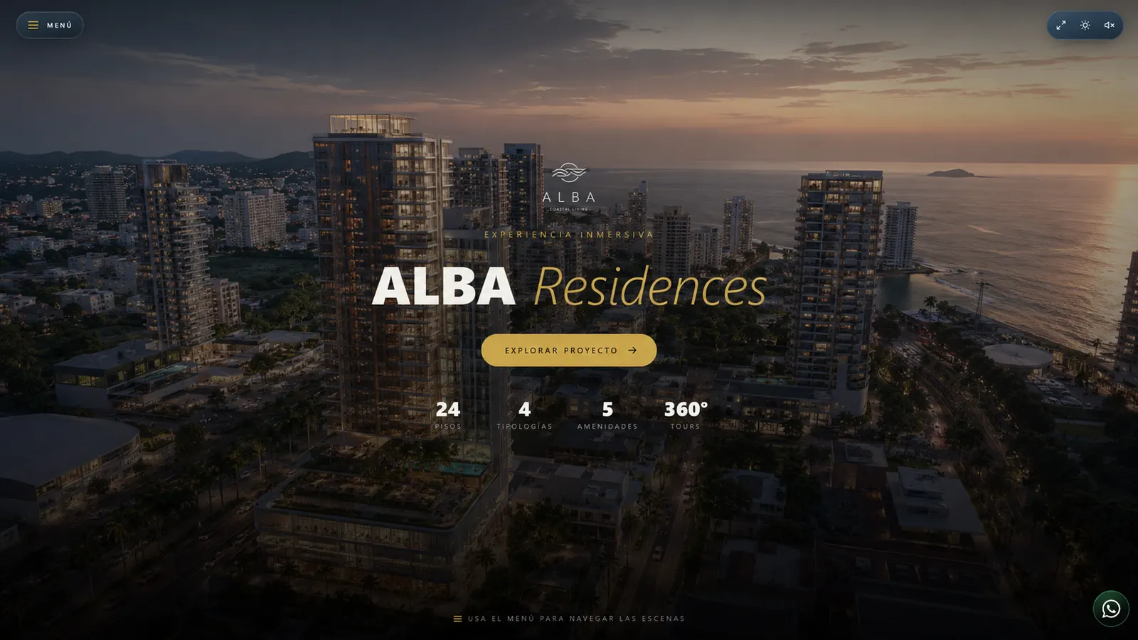 ALBA Residences — concepto INMERZA, vista de torre residencial junto al mar al atardecer