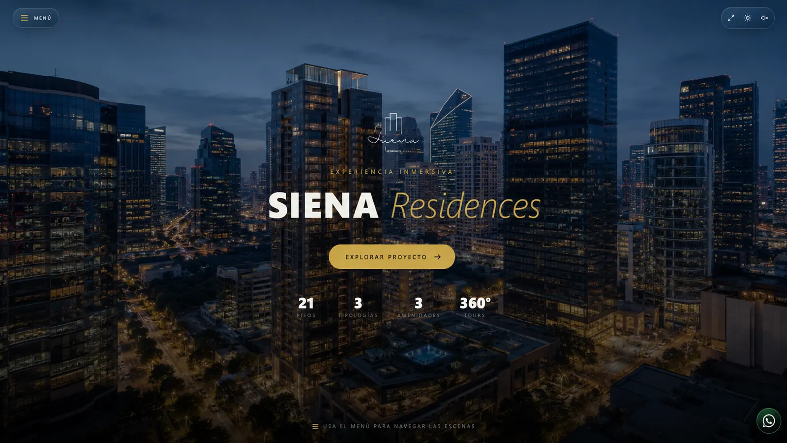 SIENA Residences — concepto INMERZA, torre residencial nocturna en entorno urbano