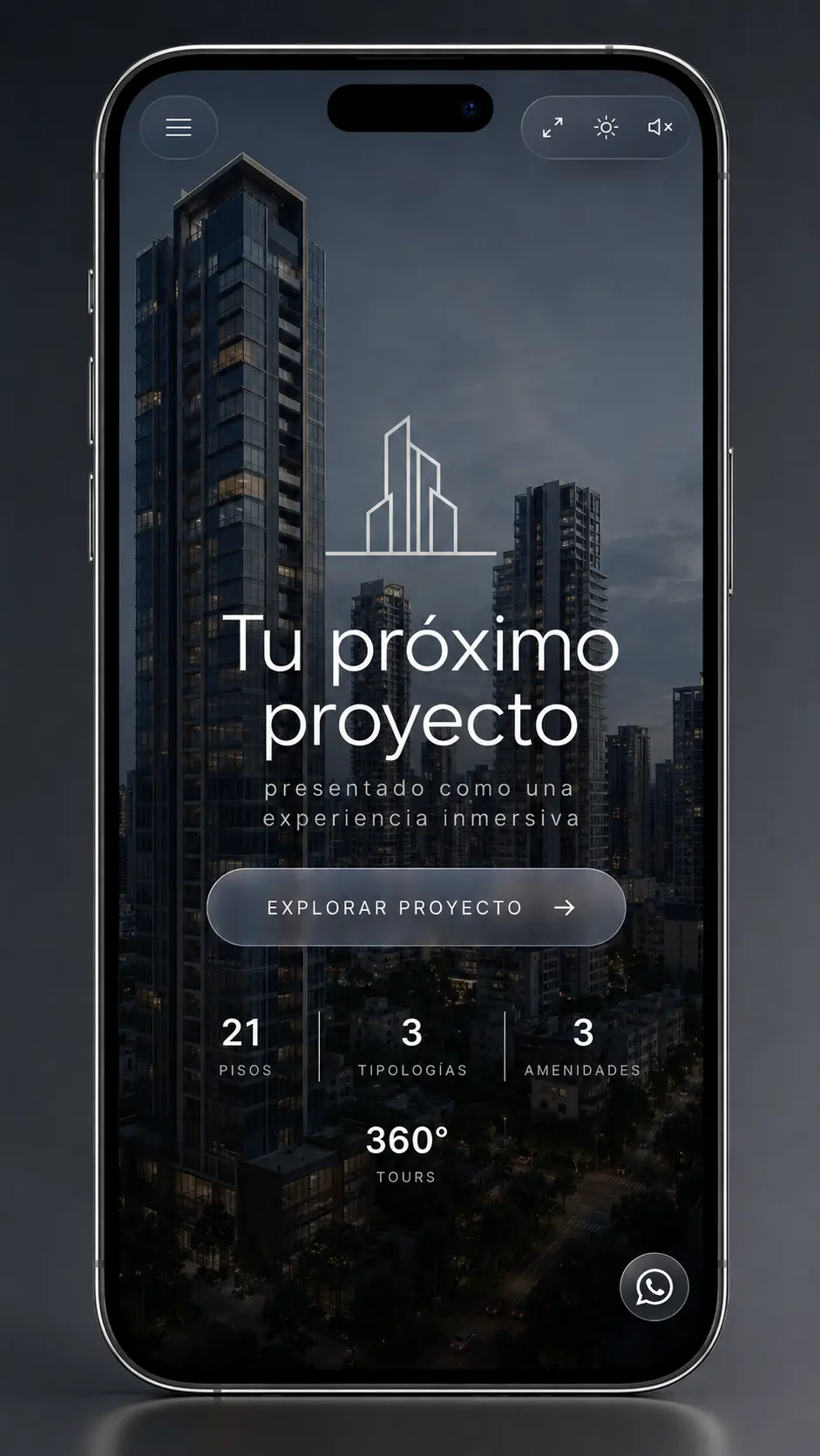 Vista conceptual de la experiencia INMERZA en un teléfono: pantalla de bienvenida con isotipo, CTA para explorar el proyecto e indicadores del edificio