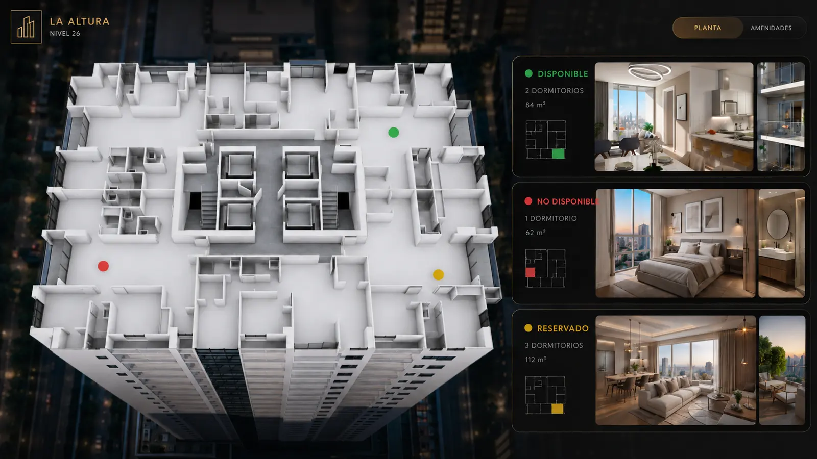 Plantas interactivas — planta de nivel con disponibilidad de unidades, imágenes y ficha técnica (demo)