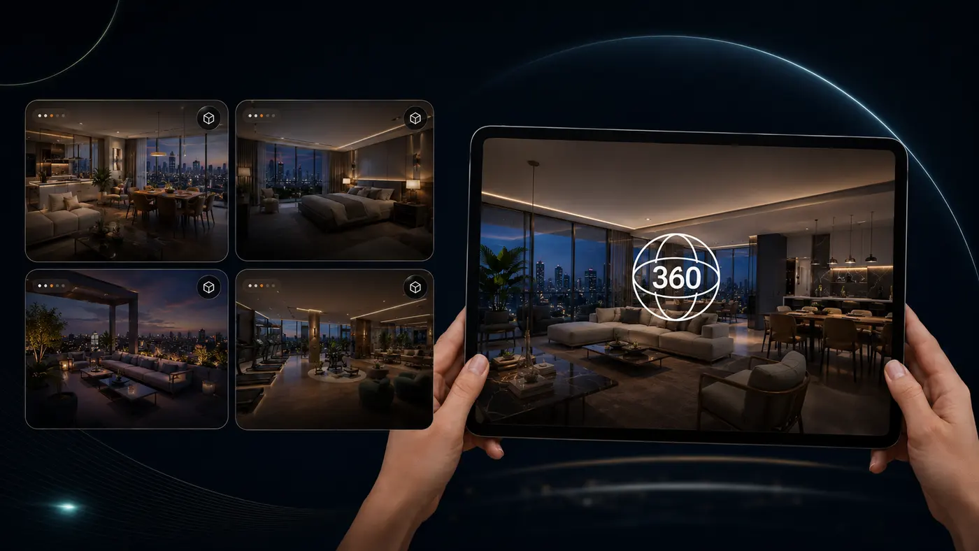 Tour 360° — living y comedor integrados, recorrido inmersivo en tablet
